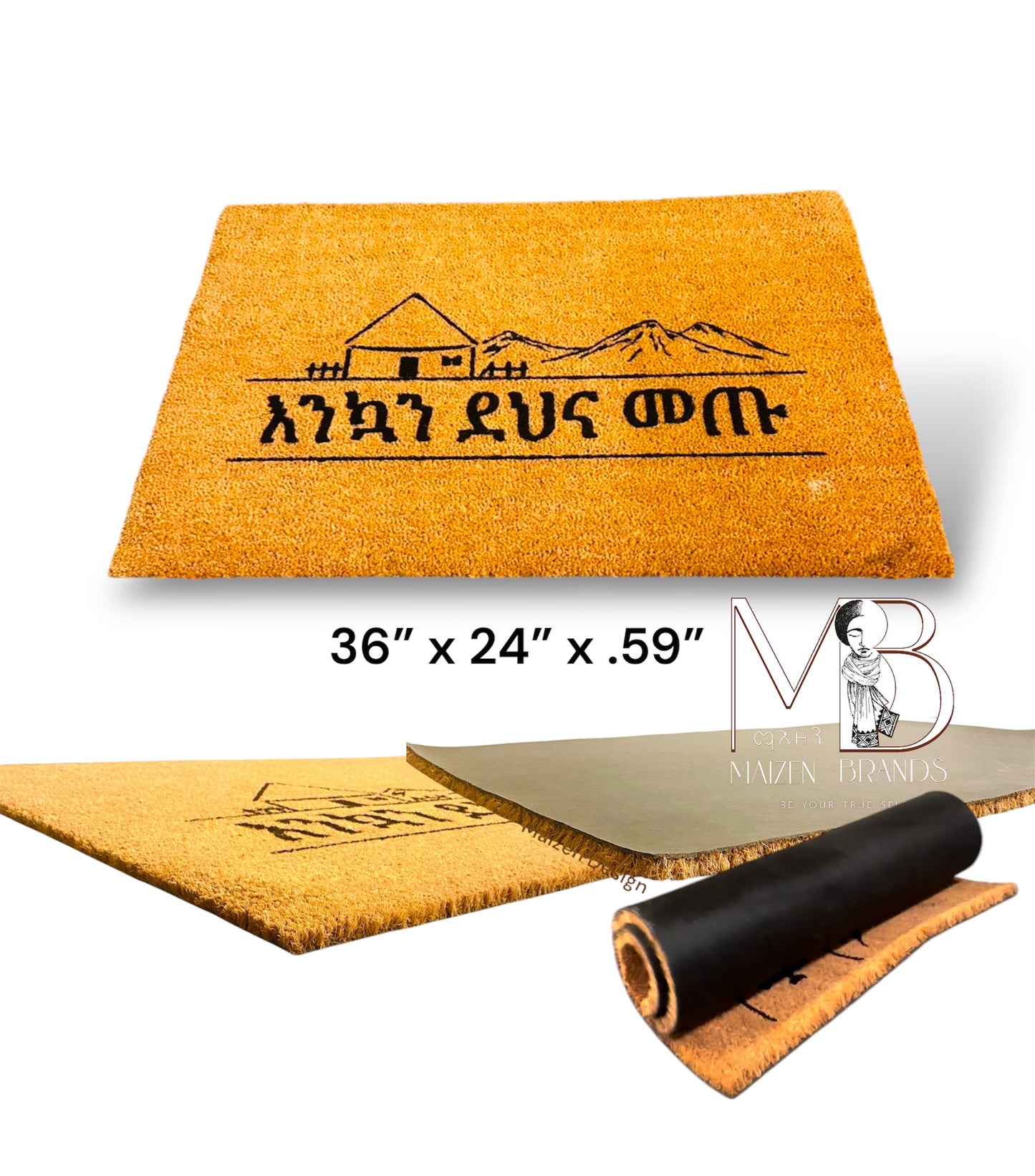 Make every entrance warm and inviting with our eco-friendly Coir Doormat a featuring beautifully designed Habesha art. Sized perfectly at 18”x 30” and 24"x36" , this durable and sustainable outdoor and indoor doormat adds a unique, cultural charm to your doorstep, creating a home-away-from-home feeling.Habesha Doormats, Ethiopian Welcome mat, Amaric, Tigregna and Oromifa Doormat 
